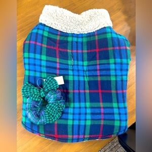 NWT Offleash Plaid Dog Jacket with Sherpa Collar and matching scrunchie